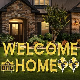 Yerliker 14 Pcs Welcome Home Yard Sign with Stakes LED Light 12.6" Welcome Home Lawn Sign Outdoor Yard Letters Decorations Patriotic Military Homecoming Party Supplies (Gold)