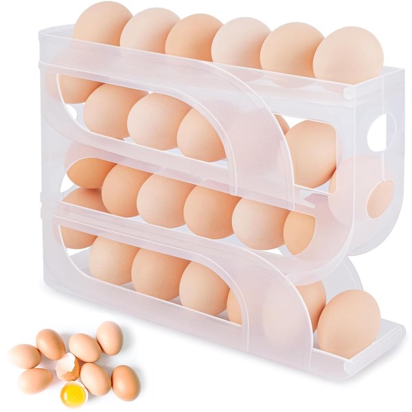Clear 4-Tier Egg Dispenser for Fridge, Space-Saving Rolling Egg Organizer,