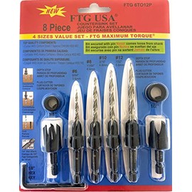 FTG USA Wood Countersink Drill Bit Set Sizes 6 8 10 12 Countersink Tapered Drill Bits, 2 Wood Plug Cutter for Sizes 3/8" and 1/2" Wood Plugs or Wood Dowels, 2 Stop Collars, 1 Allen Wrench, Hex Shank