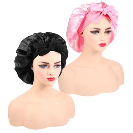 2 Pack Satin Bonnet for Sleeping with Tie, Silk Bonnet Hair Bonnets for Black Pink for Women and Men Sleeping Large Hair Hat
