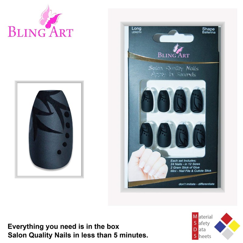 Bling Art False Nails Black Matt Ballerina Coffin 24 False