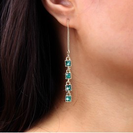 Atentuyi Boho Green CZ Drop Earrings Gold Long Tassel Threader Earrings Emerald Dangle Earrings Rhinestone Chain Earrings Crystal Square CZ Earrings Jewellery for Women and Girls, Crystal