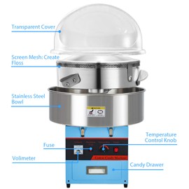 GarveeTech Electric Cotton Candy Machine With Bubble Cover - 1000W Commercial Floss Maker, Stainless Steel Bowl, Sugar Scoop, Drawer, Pink, Ideal for Home & Parties,Blue(no cover)
