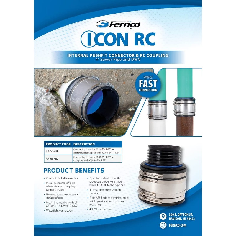 Fernco 4" ICON RC Pushfit DWV Coupling Sheared Off Pipe