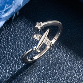 Plane Star Ring Cubic Zirconia Cute Engagement Open Tail Rings Dainty Adjustable Finger Promise Statement Band Expandable Ring Jewelry for Women (White, One size)