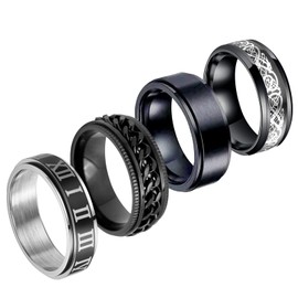4Pcs Anxiety Fidget Ring Set Rings for Men Plaid Spinner Cool Stainless Steel Rings for ADHD Stress Relieving Hip Hop Jewelry,Clock 7