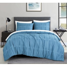 Chezmoi Collection Brady Blue Clip Jacquard Geometric 7-Piece Bed in a Bag Comforter Set, Queen - Striped Pattern Waffle Textured Bedding with Sheets Set