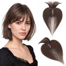 Rich Choices Hair Toppers with Fringe for Thinning Hair Short Human Hair Topper Remy Clip in Toupee Extensions Women's Hairpieces, 11 Inch 20g #2 Dark Brown