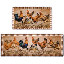 Bencailor 2 Pcs Rooster Kitchen Rugs Set Farmhouse Kitchen Rugs Chicken Kitchen Mat Christmas Kitchen Rugs Non Slip Washable Doormat for Xmas Home Winter Holiday Decor, 17 x 30 Inch, 17 x 47 Inch