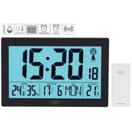 infactory Funkwecker: XL-Funkuhr mit Doppel-Wecker, Thermo-/Hygrometer, Tag, Datum, schwarz (XXL Wanduhr, Funkwanduhr Digital, Digitale Wetterstation)