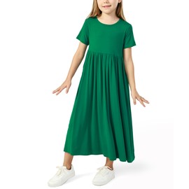 EASWEET Girls Maxi Dress Bamboo Viscose Short Sleeve Flowy Casual Girls Summer Dress, Green 23, 13-14 Years