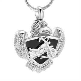 Hearbeingt Cremation Jewelry Urn Necklace for Ashes,Black Enamel Shield Motorcycle Memorial Pendant Stainless Steel Eagle Shape Keepsake Locket for Men(Silver)