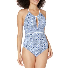 La Blanca Women's High Neck Keyhole Mio One Piece Swimsuit, Capri Blue//Mediterranean Breeze, 14