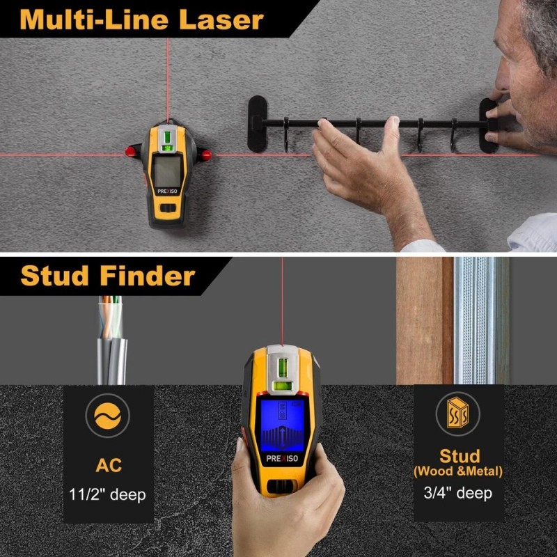 PREXISO 2-in-1 Rechargeable Stud Finders Multi Surface Cross Line Laser