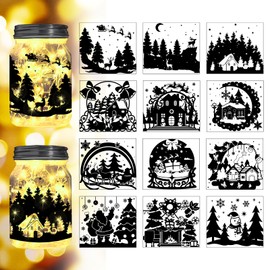 Peacoblue Christmas Scene Decor Silhouette Cutouts for Jars Mason Can Glass Wishing Bottle Decor(No Stickers), 12Pcs Reusable Silhouette for Lantern DIY Craft Kit Jar Decals Art Mural Home Garden