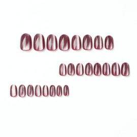 24pcs Short Round Press on Nails Dark Red Fake Nails Acrylic False Nails Glitter Full Cover Glue on Nails Glossy Stick on Nails Artificial Manicure for Women with Reusable Glue