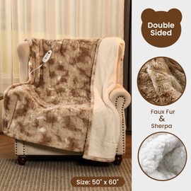 Bearhug Electric Throw Blanket 50" x 60", Faux Fur & Sherpa Heated Throw, 6 Heating Levels & 4H Auto Off, Over-Heat Protect, ETL Certification, Machine Washable