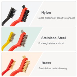 6 Pieces Wire Brush with 1 Pc Scraper Set - Brass , Stainless Steel and Nylon Brushes for Paint & Dirt Removal , Rust and Metal Cleaning - for Kitchen , Workshop and Small Deep Cleaning Tasks