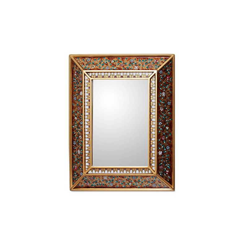 NOVICA Flowers On Gold Cedar Mirror