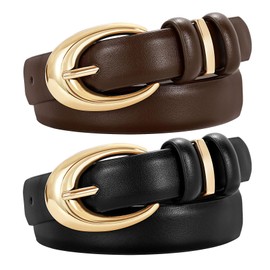 TRIWORKS 2 Pack Women Leather Belt for Jeans Pants Fashion Ladies Skinny Faux Leather Belt with Gold Buckle
