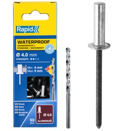 Rapid Rivets Waterproof Rivets Including Drill Piece, 4 x 12 mm, 5000400 - 50 Pieces, Silver/ Blue/ Clear