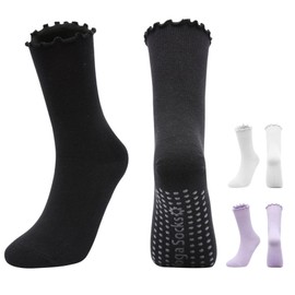 OnrySxn Pilates Socks, 3Pairs Size 3-6 Non Slip Yoga Socks Ladies Ruffle Mid-Calf Grip Socks Breathable Grippy Cotton Sock for Ballet Workout Fitness Dance Gym(Black, White, Purple)