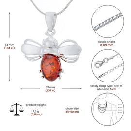 AMBEDORA Women’s Silver Necklace Bee with Amber, Polished Sterling Silver, Baltic Amber in Cognac Colour Silver Pendant with Chain