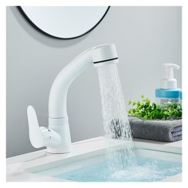 CGPOCMWGX White Pull Out Bathroom Sink Faucet Hot Cold Water Mixer Crane Lift Up and Down Chrome 360 Degree Water Mixer Adjust Height Tap (Color : White)