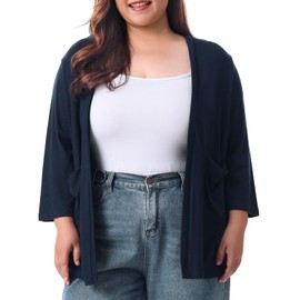 HOdo Cárdigan de talla grande para mujer, suéteres ligeros con bolsillos delanteros abiertos, manga 3/4, 1X-5X, marino, 4X