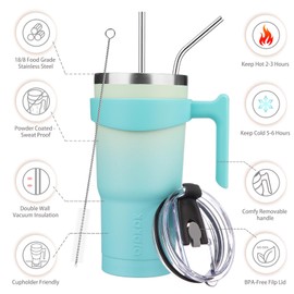 BJPKPK - Vaso con asa de acero inoxidable de 20 onzas con tapa y popote aislado, color menta