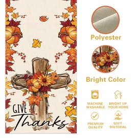 Croar Thanksgiving Christian Cross Dining Table Runner, Religious Fall Give Thanks Pumpkin Maple Leaves Burlap Kitchen Decoration, Autumn Farmhouse Indoor Outdoor Home Decor Party Supply 13 x 72 in