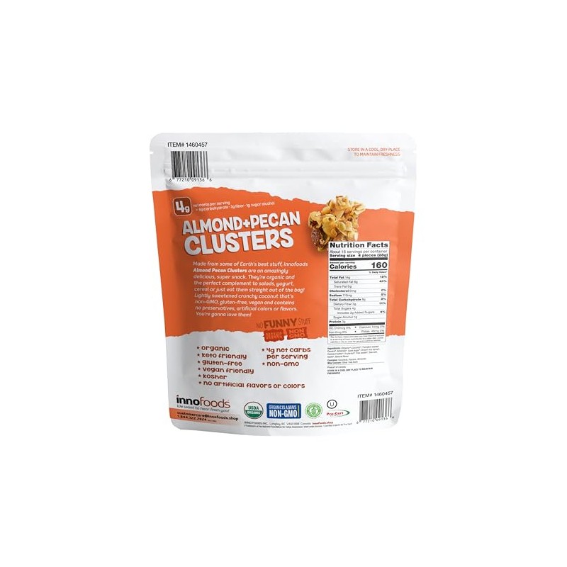 Inno Foods Organic Almond Pecan Clusters, Gluten Free, Keto Friendly,