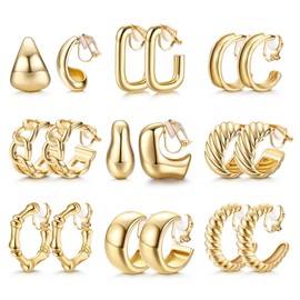 YADOCA 9Pairs Gold Clip on Earrings 14K Gold Plated Chunky Hoop Clip Earrings Trendy Clip on Hoop Earrings for Women Non-Pierced Fake Earring Jewelry -2