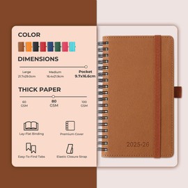 IN-LUXPRO 2025-2026 Academic Diary A6 Week to View (16.6x9.7 cm) Spiral 18 Months (Jul'25 - Dec'26) Weekly & Monthly Planner with Month Tabs & Pocket,Expenses/Note Pages,PU Leather(Brown)