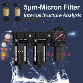 KANBOL 1/2''NPT Double Stage Filter and Regulator with Pressure Gauge, for air Drying System with 5 and 5 Micron Brass Filter Cartridge air Compressor FRL Unit-Black