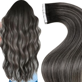 Human Hair Tape in Extensions Black Balayage Grey Skin Weft Tape in Hair Extensions for Women Black to Silver 18inch 20 Pieces 50 Grams