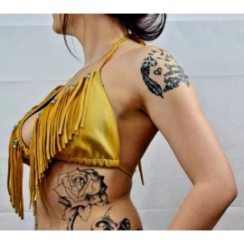 TRD Leather Handmade Navajo Style Tan Deer Skin Bikini Top Beaded with Fringe