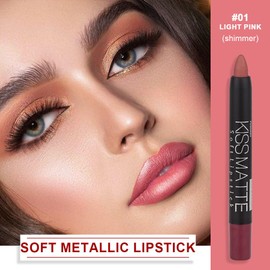 evpct DNM 1Pcs Light Pink Metallic Lipstick and Lip Crayon Liner Pencil Pen Set for Women Lip Stain Long Lasting Waterproof labiales mate magicos 24 horas originales pintalabios permanente 24 horas 01