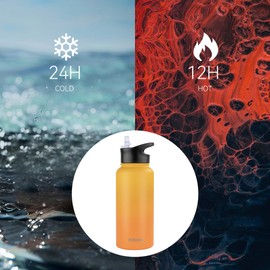 MURBONE Insulated Water Bottle, 1L Stainless Steel Drink Flask with Straw, BPA Free, 2 Lids (Straw Lid and Spout Lid), Leakproof Double Walled Vacuum Water Bottle, Orange Gradient