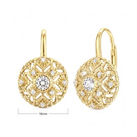 PECHEW 14K Gold Drop Dangle Leverback Earrings for Women Engraved Openwork Cutout Cubic Zirconia Vintage Elegant Dangle Drop Earrings for Daily Casual & Formal Wear 16mm