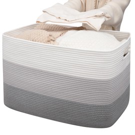 OIAHOMY 118L Extra Large Blanket Basket, Rectangle Woven Cotton Rope Storage Basket, Used for storing Dirty Clothes, Stuffed Animal Toy Storage for Living Room,Kids Room,25" x 17" x 16", Gradient Grey