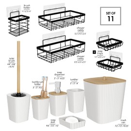 Clara Clark Bathroom Set - White Bathroom Accessories Set, 6PC Bathroom Accessory Set, Bathroom Sets with Adhesive Corner Shower Caddy Hanging, Toilet Brush, Trash Can & Soap Dispenser