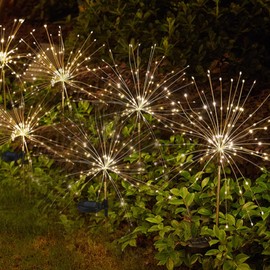 Meision Solar Lights for Outdoor Garden, Pack of 6 150 LEDs Solar Fireworks Garden Lights with 8 Modes, Waterproof Solar Lights, Dandelion Garden Stake for Garden, Patio, Balcony Decoration, Warm