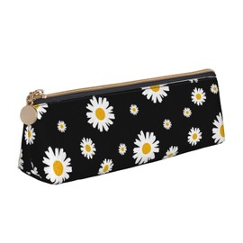 Ykklima White Yellow Daisy Flower Black Leather Pencil Case Zipper Pen Makeup Cosmetic Holder Pouch Stationery Bag for School, Work, Office