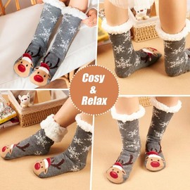 Mulor Fluffy Christmas Slipper Socks Calf-Length Cosy Socks Unisex with Non Slip Grippers Fleece Lining Christmas Gifts