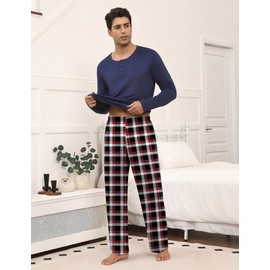 Ekouaer Men's Pyjamas Sets Long Sleeve Pjs Soft Loungewear Winter Henley Top with Checked Pants Navy Black Red XL