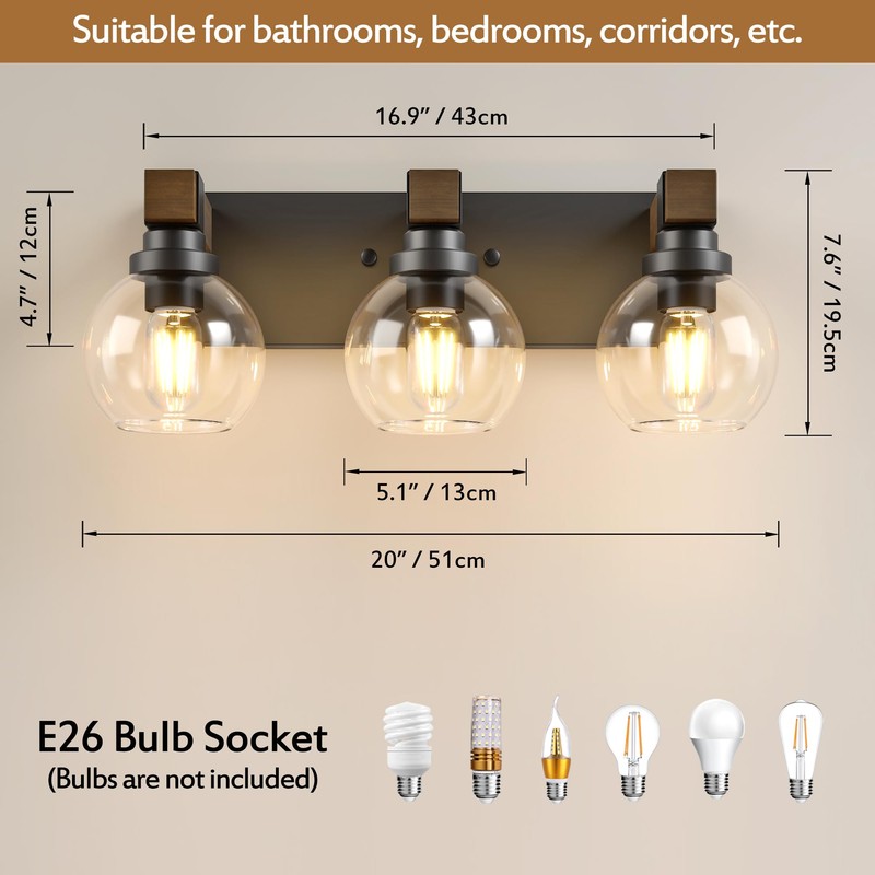Farmhouse Bathroom Vanity Light Fixtures, 3-Light Wood Bathroom Light Fixtures
