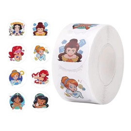 Rollo 500 pcs etiquetas, calcamonías, pegatinas, stickers Princesa 2.5 cms (1 pulgada), 8 Diseños de Etiquetas Adhesivas para Niños, Decoración, Fiestas, etc.