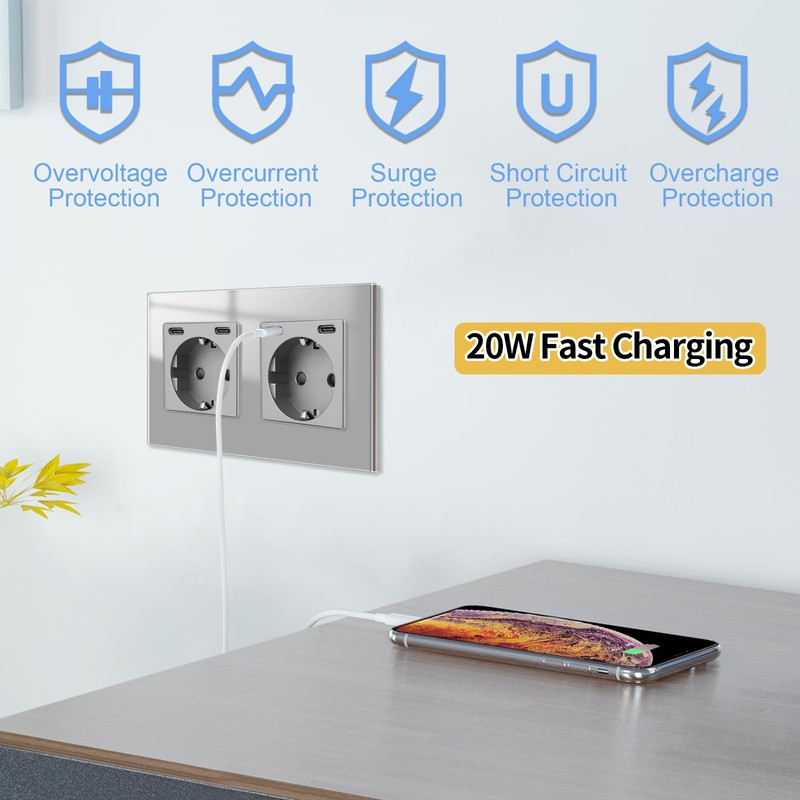 JIMEIDA Socket Grey with USB C 20 W Double Fast