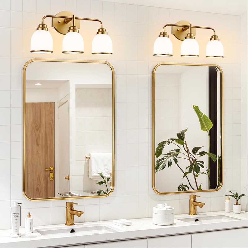 EvmVom 3-Light Brushed Gold Bathroom Light Fixtures, with Milk White